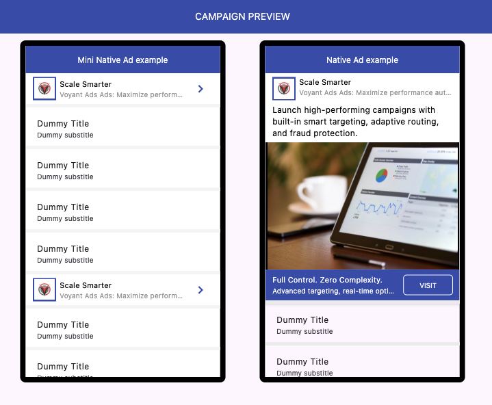 Mini native ad format example within mobile application interface