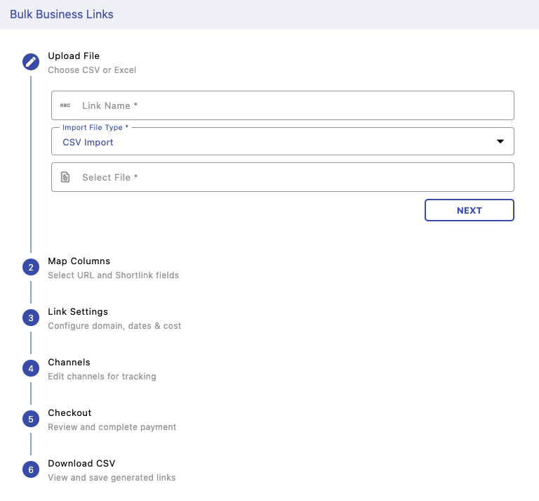 Bulk link generation interface with CSV upload and smart link creation