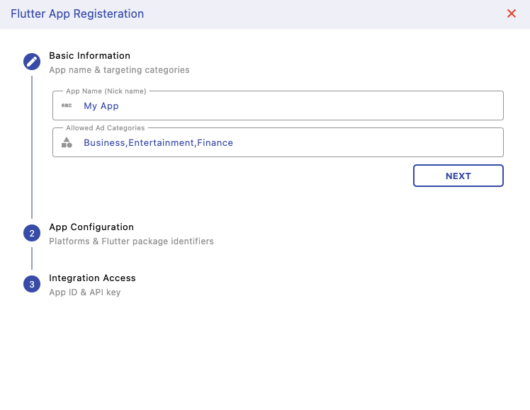 Developer app registration dashboard for Ads SDK integration
