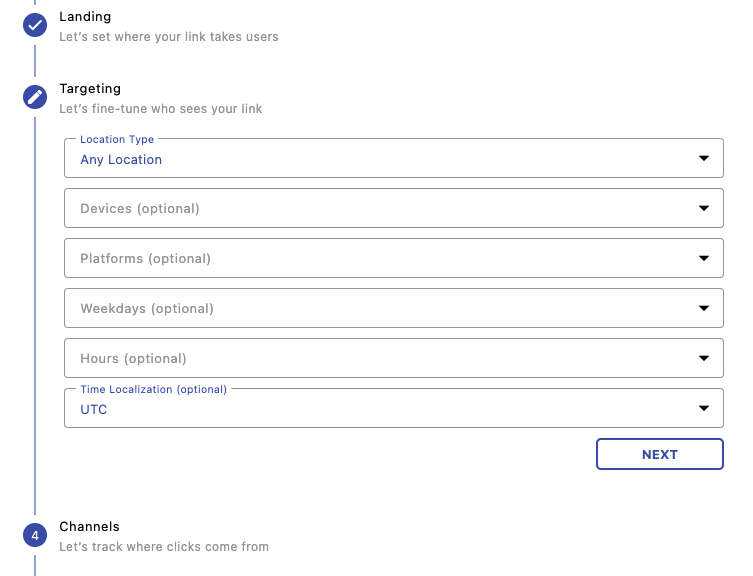 Advanced targeting dashboard with geo, device and language filters